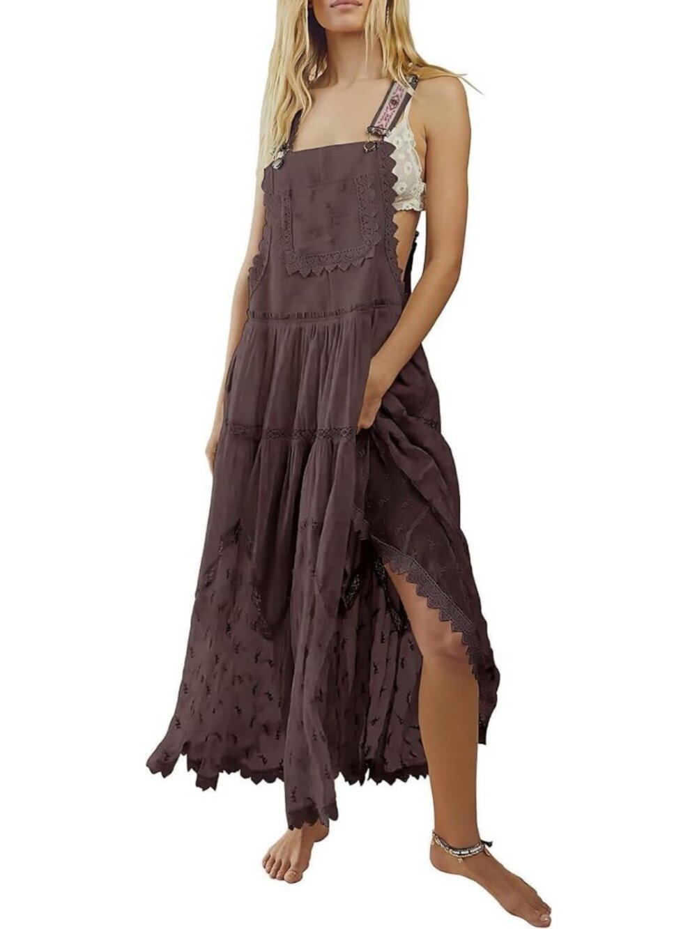 Laced Embroidered Tulle Maxi Dress with Adjustable Straps - Casual Loose Fit